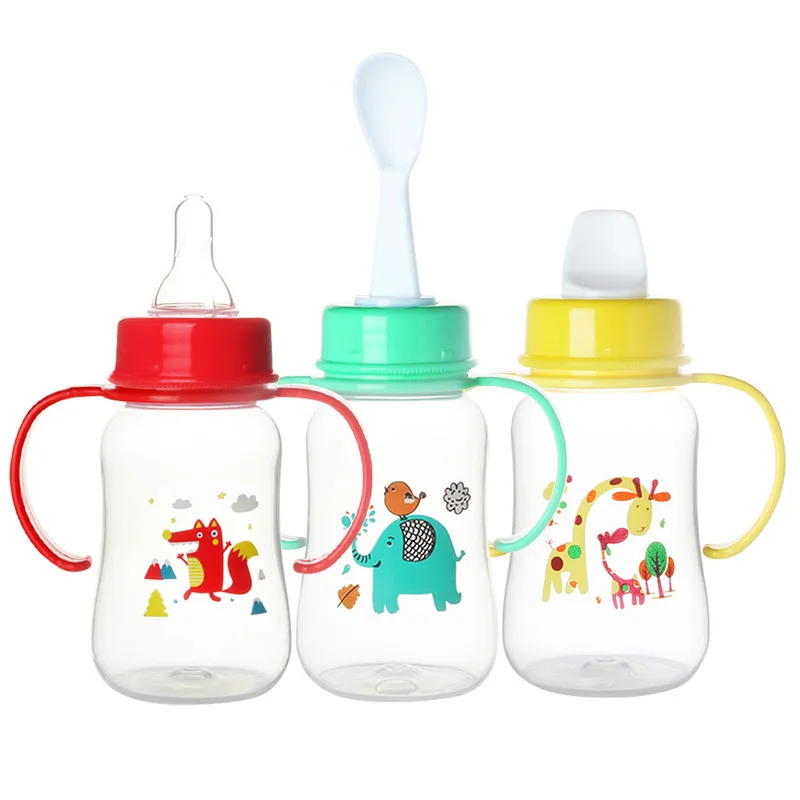 

Spot wholesale three-use standard caliber plastic PP bottle with handle 125ml baby weaning bottle infant rice cereal spoon compl