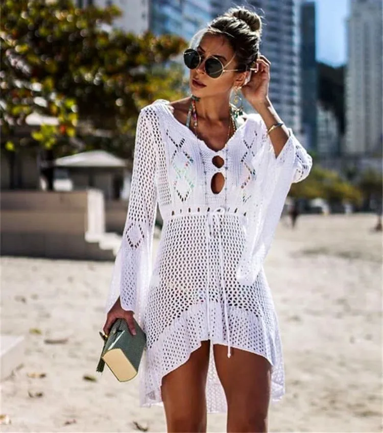 

High quality Women Beach Crochet dress swimsuit Knitted Tassel Tie Kimono Beachwear bathing suits Cover Up, Photo color