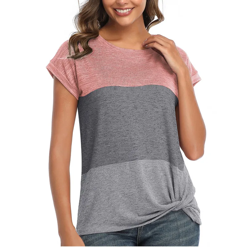 

Summer Women Casual Top Bat Short Sleeve Crew Neck Loose Color Contrast Twist T-shirt, As show