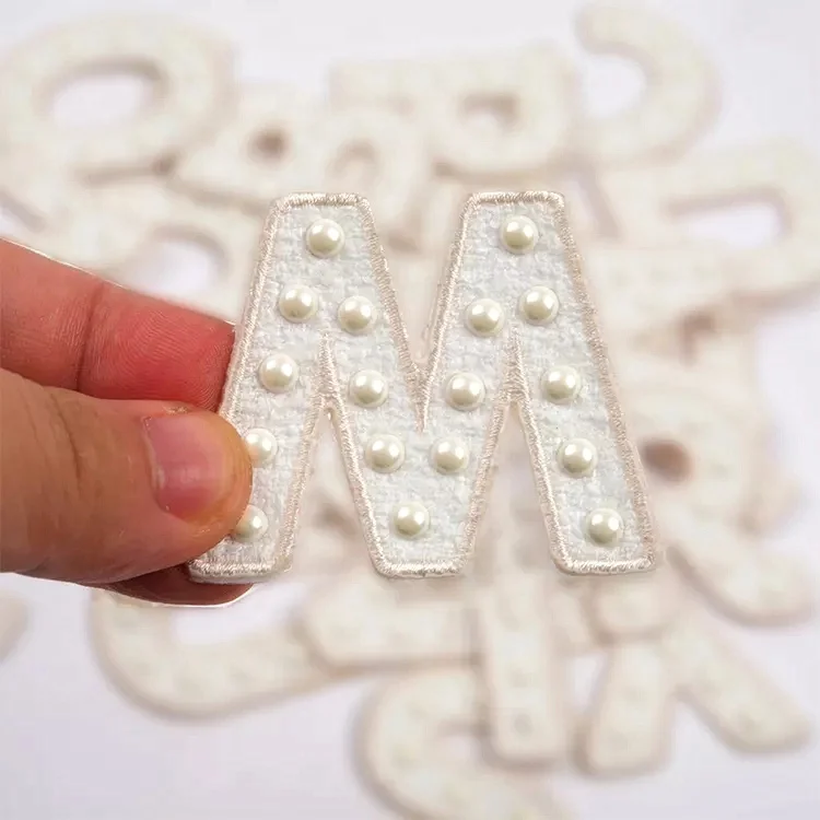 

Embroidery Badges Supplier Custom Logo Alphabet Pearls Letters Iron on Embroidered Patches for Garment