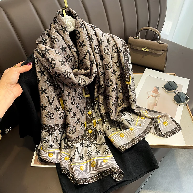 

New European-style Printed letters yellow gemstone imitation silk brocade outdoor shawl beach scarf