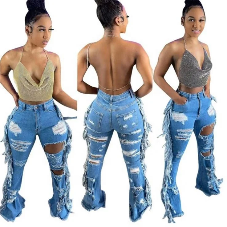 

2021 Plus Size Tassel Ripped Women Denim Jeans Spring Women Bottom Pants Lady Jeans
