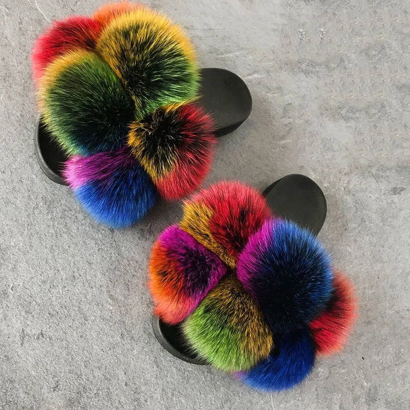 

New design big raccoon fur ball indoor fur slides women cute fluffy pompom real fox fur slippers for women, As picture show or customized