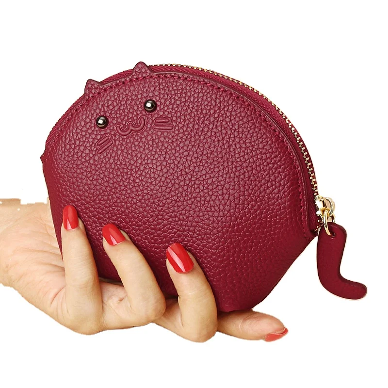 

Latest Designer Genuine Leather Women's Mini Lovely Cat Card Holder Zipper Zero Wallet Pouch, Multi