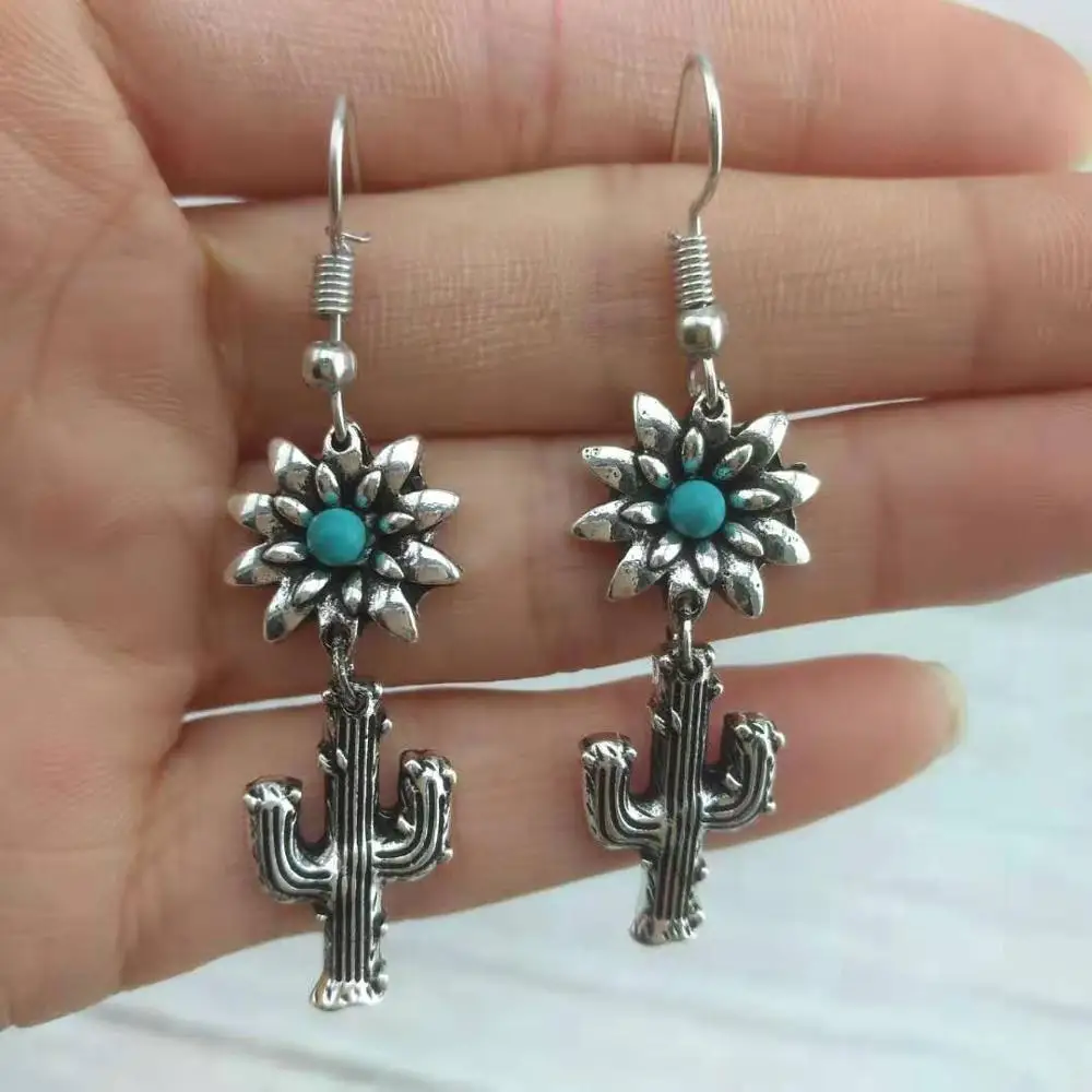 

Vintage Inlay Turquoise Bead Silver Plated Alloy Sunflower Cactus Statement Earrings, Shown