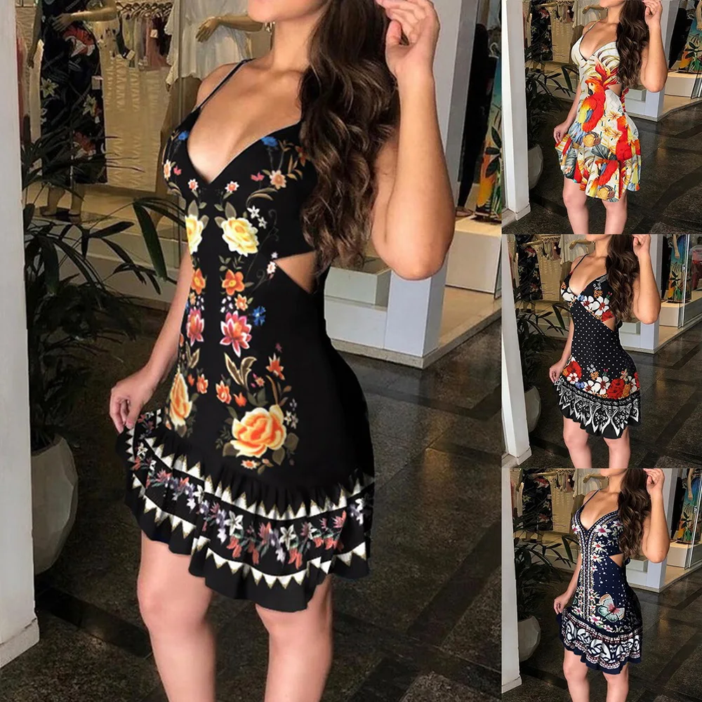 

Casual Print Sleeveless Mini Party Dresses Women New Arrival 2021 Sleeveless Hollow Out Print Skinny Dress