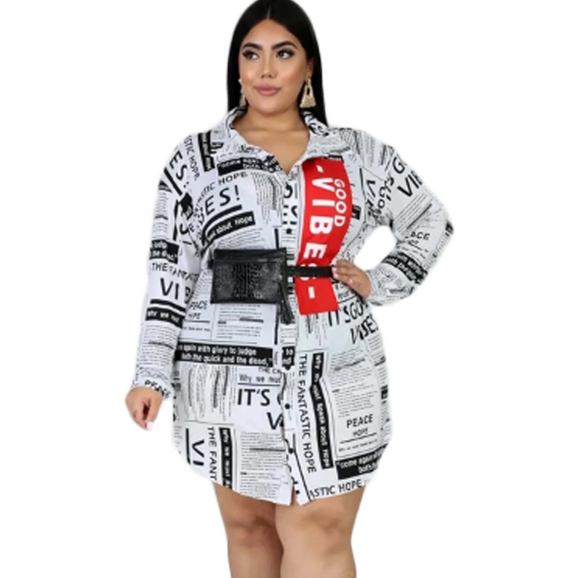 

Fall Fashion Long Sleeve Oversized Shirt Dress Women Newspaper Pint Shirt Dress Plus Size Turn Down Collar Black And White Dress