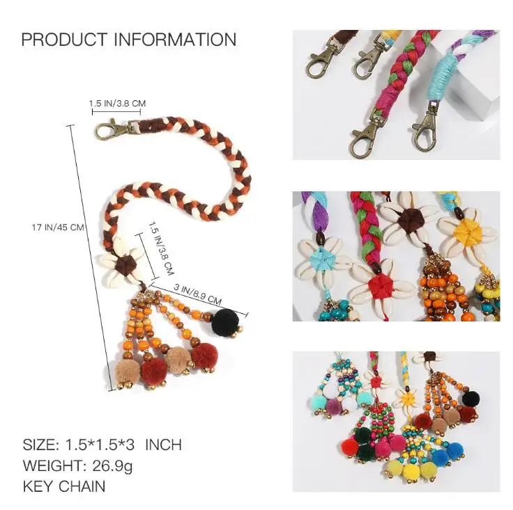 
wholesale boho fur ball drop key chain braid tassel key chain with shell beaded for travel gift 