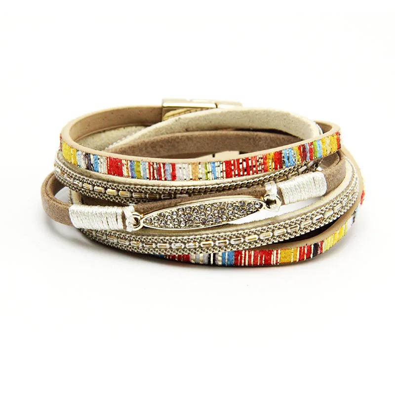 

2020 New Arrival Bohemian Colorful Multilayer Magnetic Buckle Leather Bracelets Boho Leather Crystal Beads Leather Wrap Bracelet