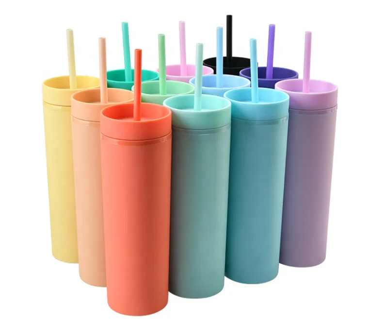 

skinny double wall Tumbler, 16OZ straight body Plastic Tumblers customized straw cup water skinny matte cup with straw and lid, Customized color