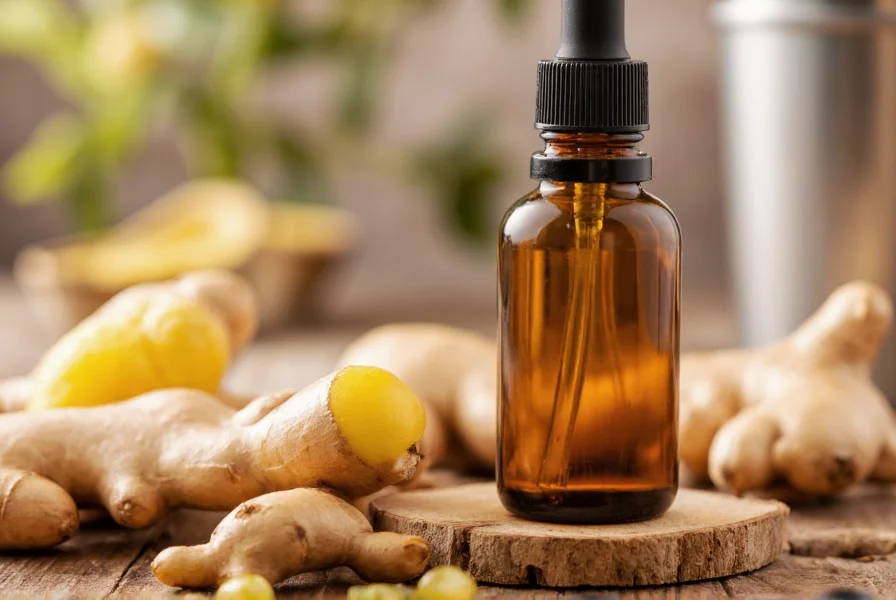 Close-up view of ginger essential oil bottle with fresh ginger roots and extraction equipment