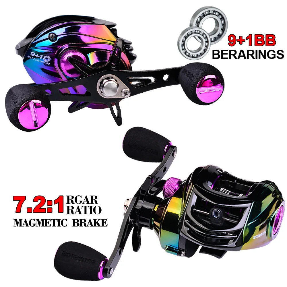 

New Design Lightweight Smoothly 17.6lbs Carbon Disc Drag 7.2/1 Gear Ratio 9+1BB Baitcasting Reels with 9pcs Magnetic Brake, Purpel