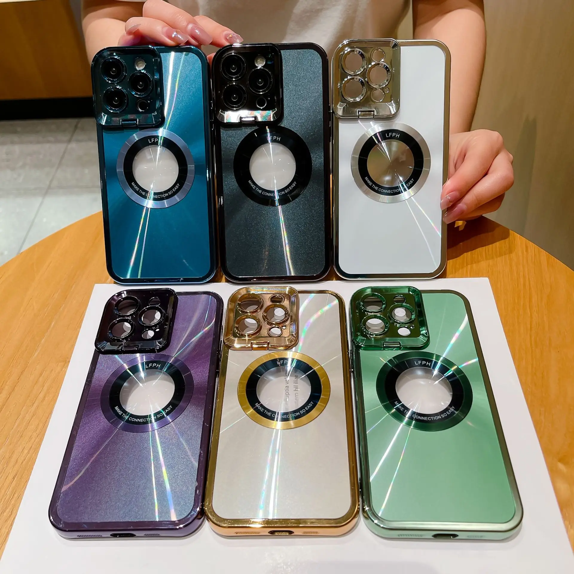 

Mage Safe Magnetics Mobile Phone Case for iphone 14 Electroplated Lens Bracket CD Pattern Protective Phone Case for iphone 13/12