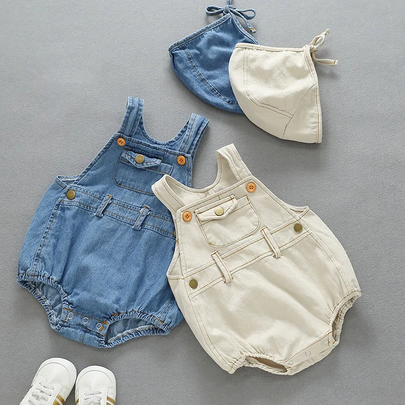 

Wholesale Summer Newborn Infant Toddler Baby Jeans Hat Set Jumpsuit Baby Girl Boy Clothes Rompers, Photo showed and customized color