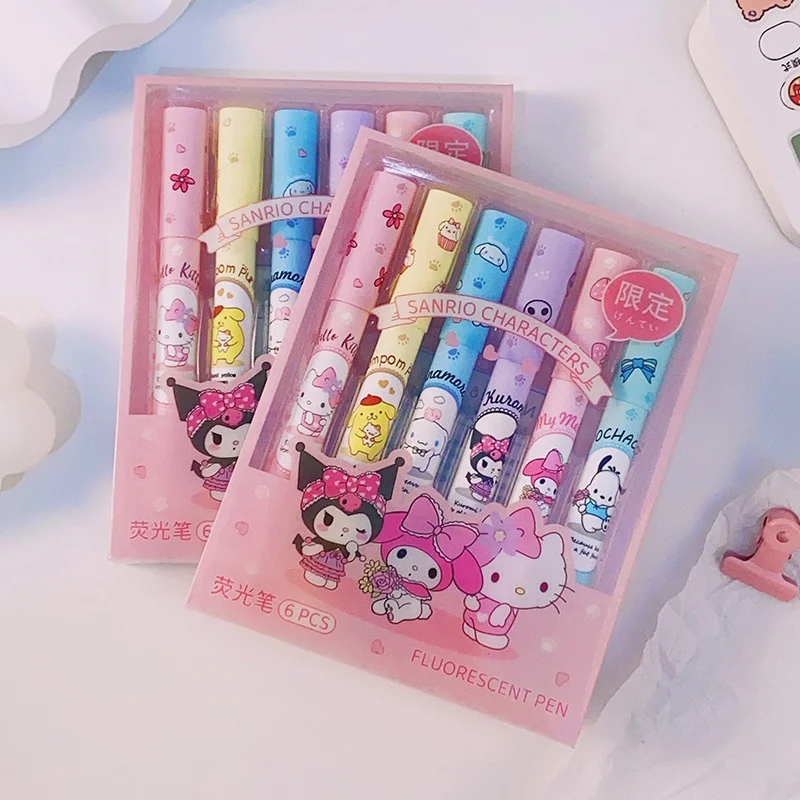 

School girls kawaii cute 6 colorful markers highlighter pen sets for kids