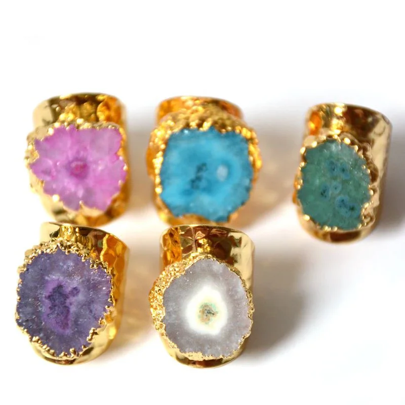 

China wholesale Resizable natural raw solar quartz ring flower Big size druzy rings agate Gold plating jewelry bright