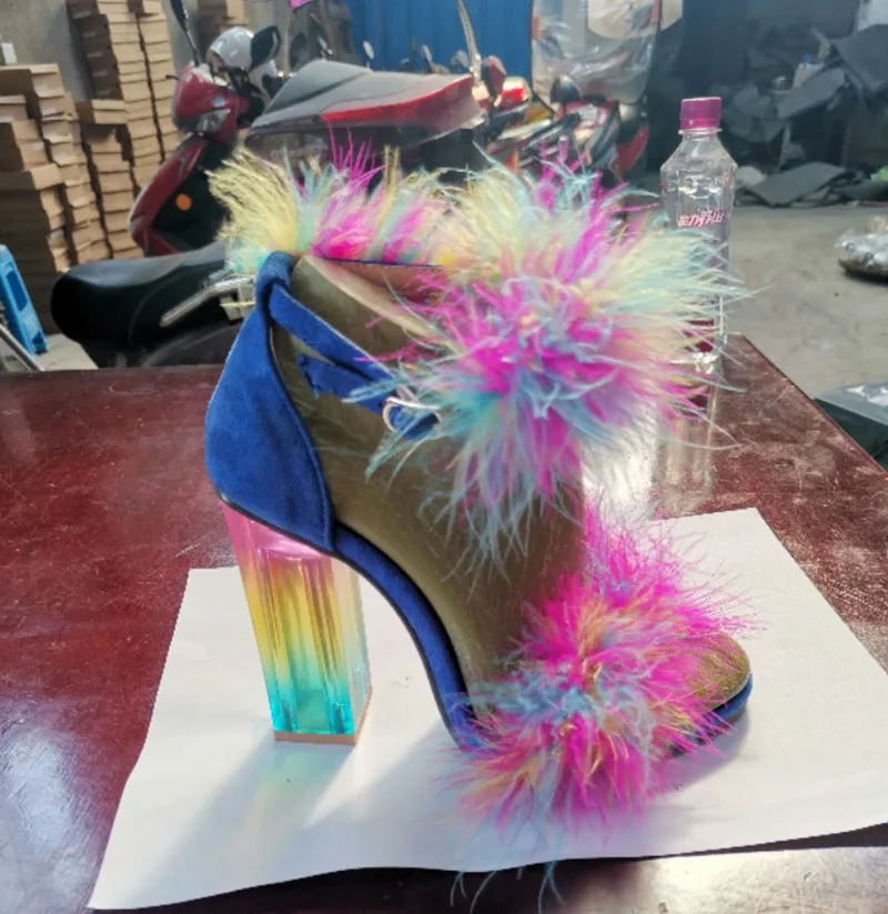 

Rainbow Colorful Fashion Fur Women Dress Shoes Transparent Chunky Heel Lady High Heels Pumps Plus Size Sandals