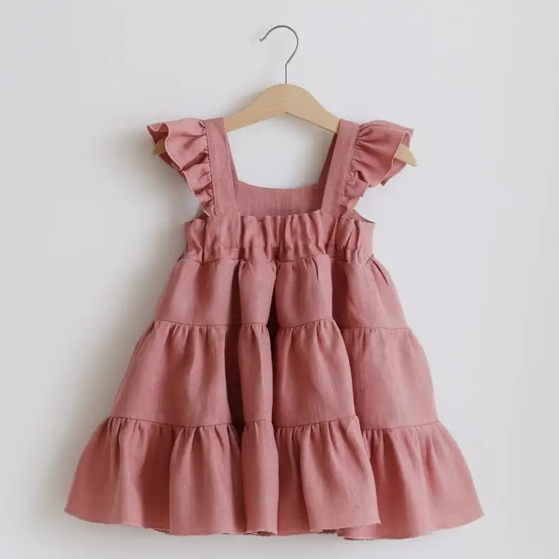 

rts Ins new solid color cotton and linen girls bohemian long sleeveless cake girl dress