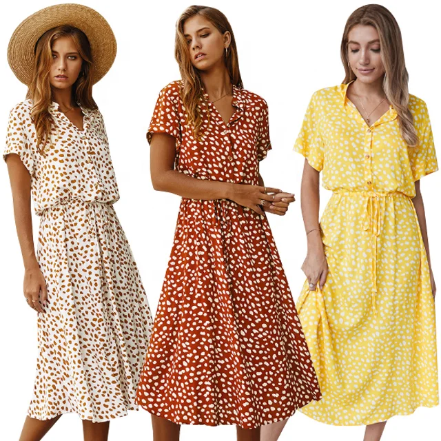 

2021Summer Ladies Fashion Short Sleeve Casual Dresses Cotton Dot Print Waist Belted Button Top Midi Maxi Beach Skirts Vestidos, Can be customized
