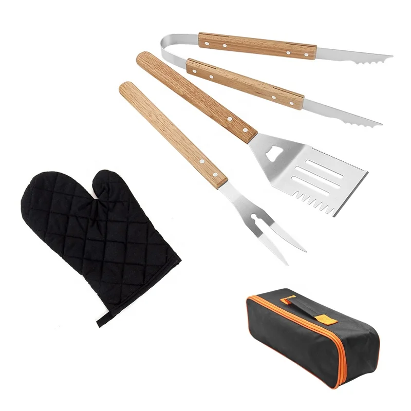 

High Quality Outdoor Camping Barbecue Accessories Grilling Tools Carry Bag Stainless Steel Wooden Handle BBQ Grill Tool Set