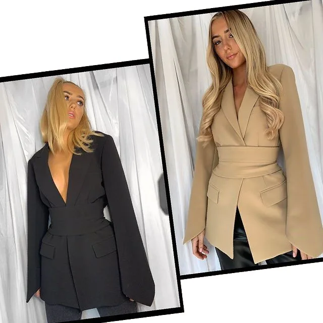 

Autumn New Women's Blazer Lace-up Waist Lapel Slim Fit Suit Jacket Open Front Jacket Casual Relaxed Blazer For Office Work Wear, White, khaki, black, blue-gray