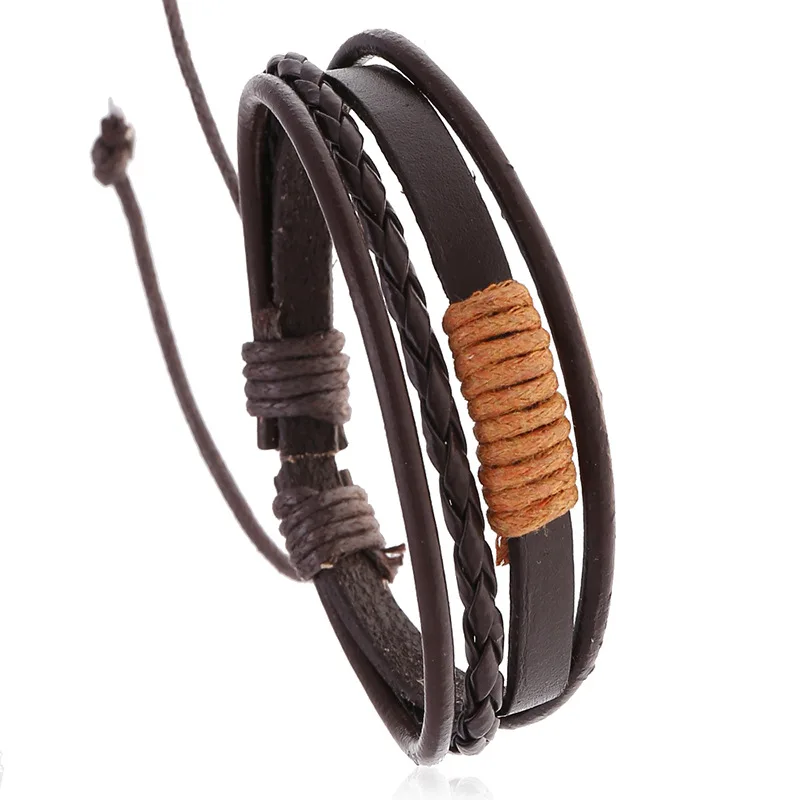 

Hand-woven vintage cowhide men bracelet adjustable multilayer leather bracelet (KB8340), As picture