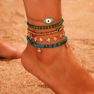 

Summer Beach 5 pcs/set Golden Scallop Anklet Multi-layer Green Beads Evil Eyes Shell Anklet Set