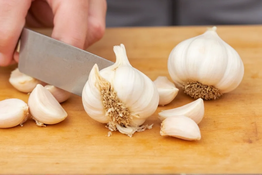 Chef's knife mincing garlic cloves on wooden cutting board
