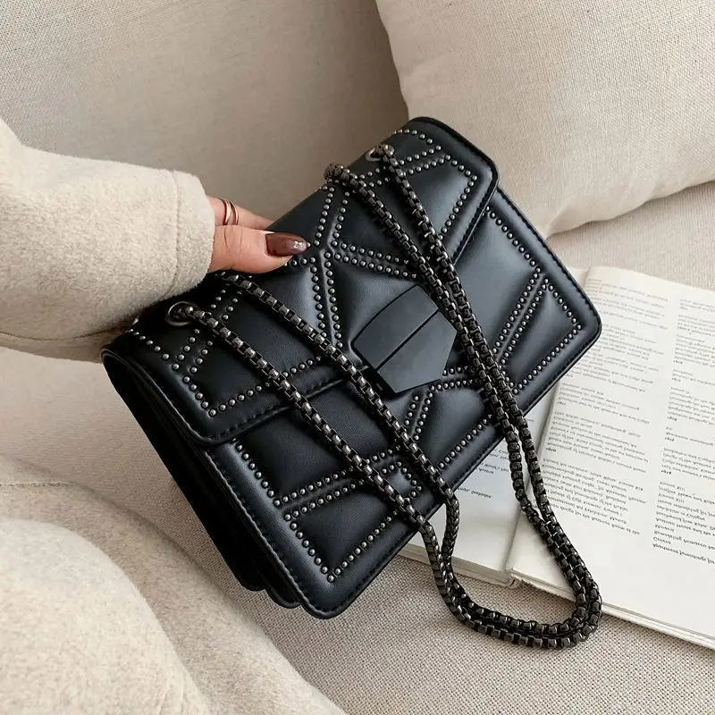 

Rivet bag shoulder bags women chain PU Hand Leather ladies purse