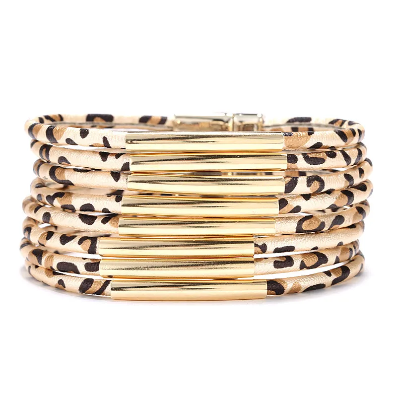 

Fashionable Leopard Gold Copper Tube Bracelet Multilayer Magnetic Buckle Leather Bracelet