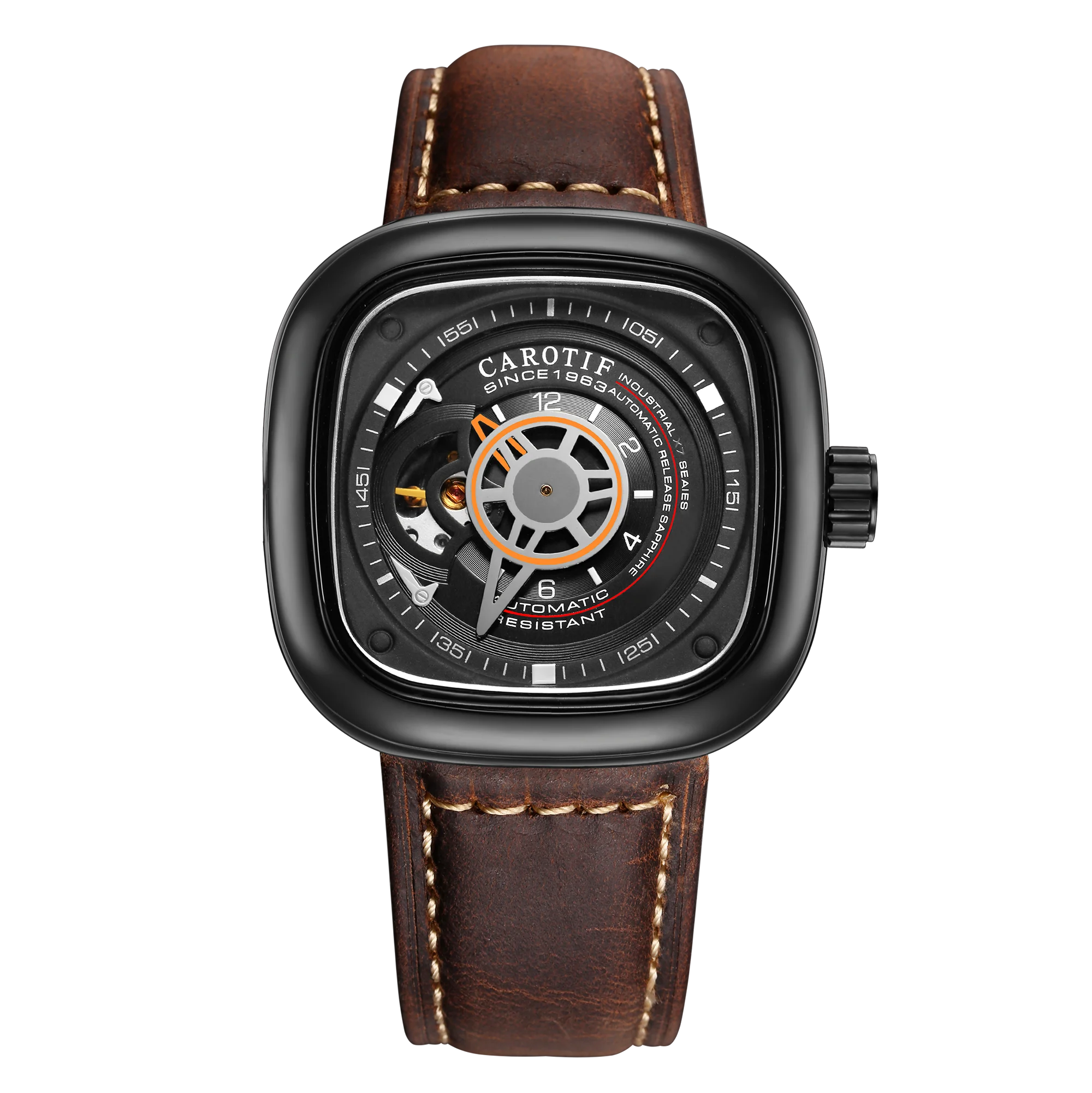 

Large dial brown leather watchband watches stylish man automatic mechanical watch