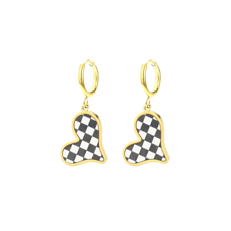 

18K Gold Plated Heart Black and White Checkerboard Checkered Flag Racing Earrings