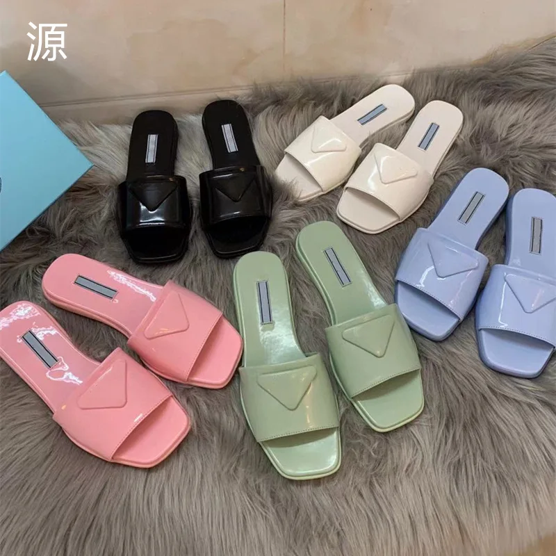 

Summer 2021 new triangular flat slippers for women square open-toe beach flip flops patent leather sandals, Picture