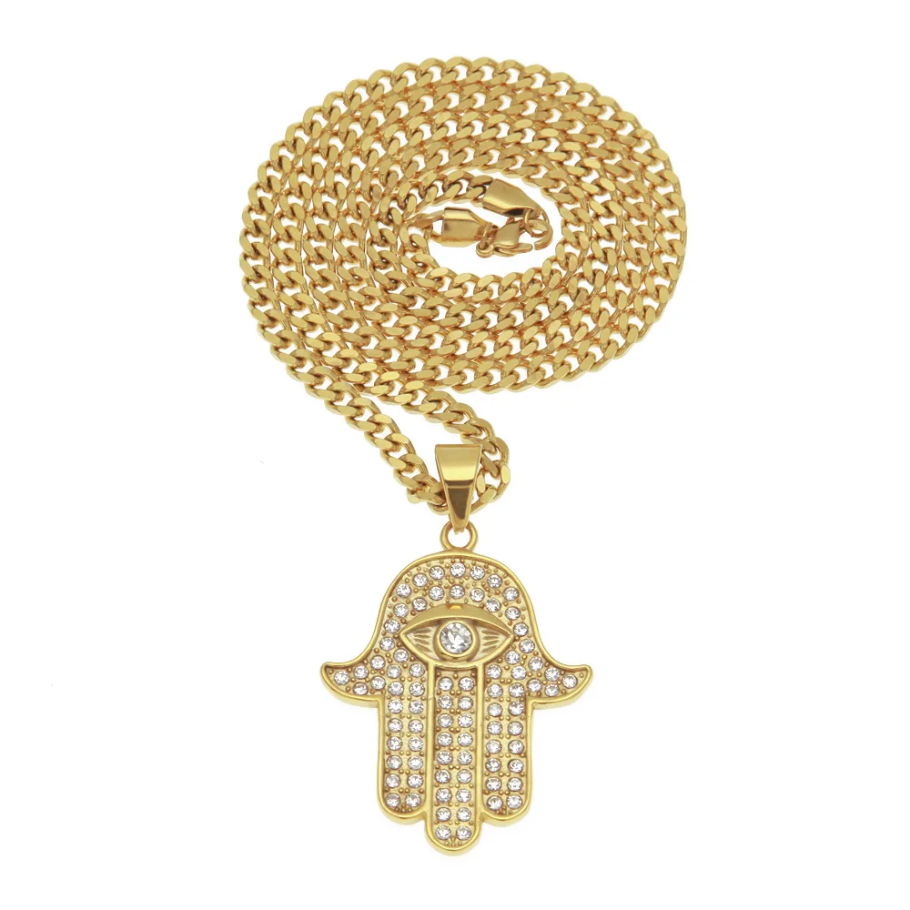 

High Quality Stainless Steel Hamsa Hand Pendant Trendy Hip Hop Individuality Pendant Necklace Trendy Men's Rap Jewelry Accessory, Gold /silver