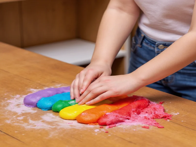 Hands kneading vibrant rainbow playdough on wooden table