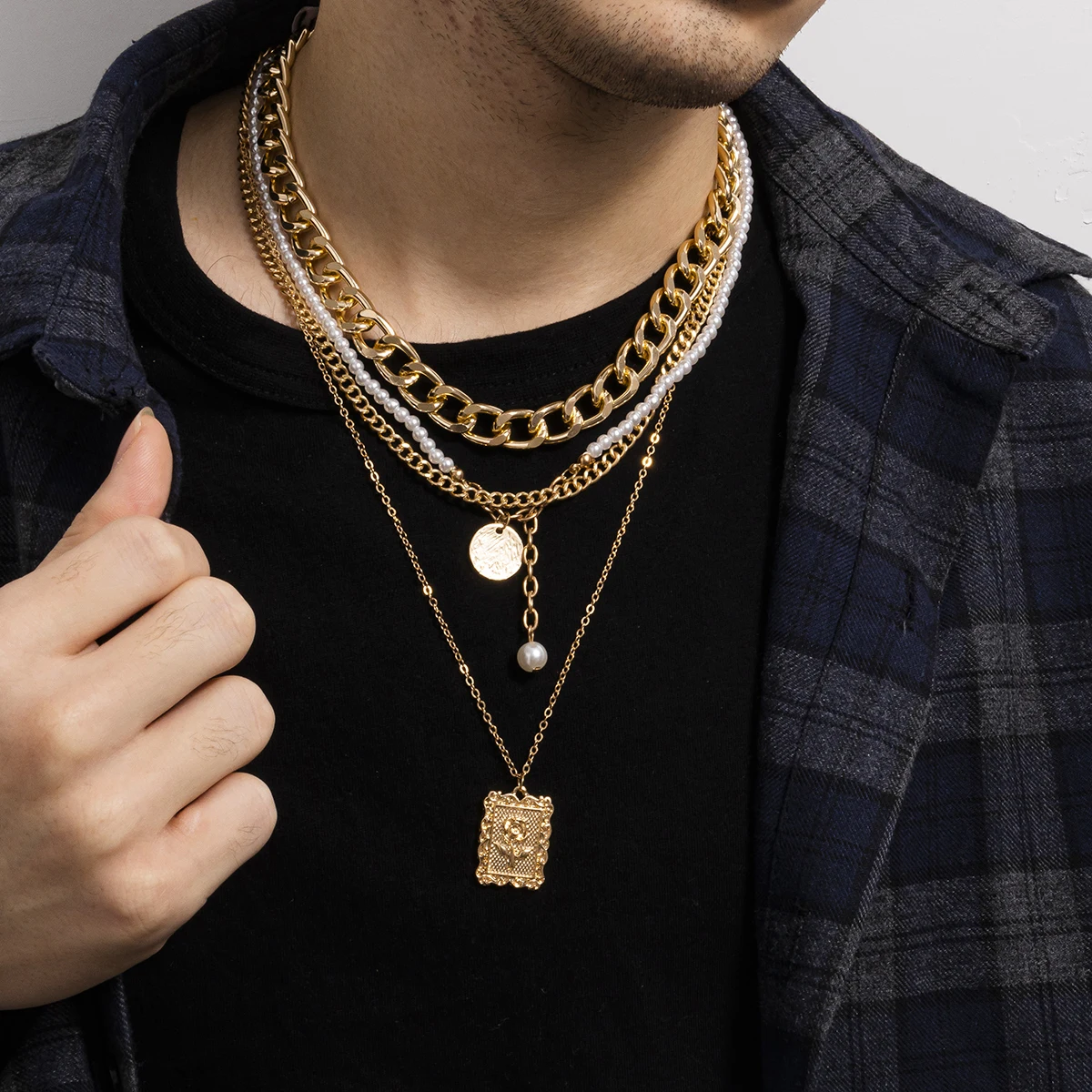 

SHIXIN Hip hop Men Layered Necklace Cuban Choker Collars Rose Gold Color Necklace Pearl Brads Necklace for Men Statement Jewelry