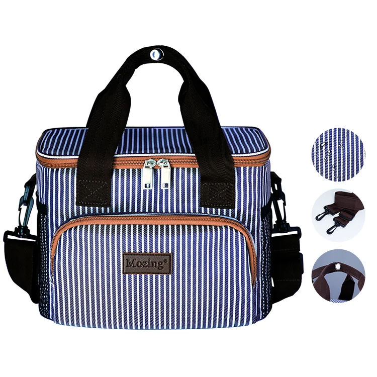 

AMJ soft camping picnic lunch cooler bag custom thermal waterproof insulation lunch tote bag, Striped blue and white