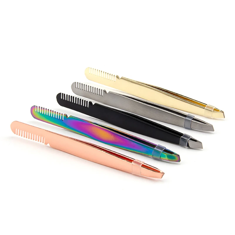 

Customized Logo Stainless Steel Anti-static Eyebrow Clip Professional Slanted Eyebrow Tweezers with Comb, Customer's choice