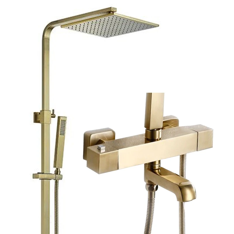 

Luxury Exposed Rain Bath Shower System Brushed Gold Brass Rainfall Shower Faucet Set