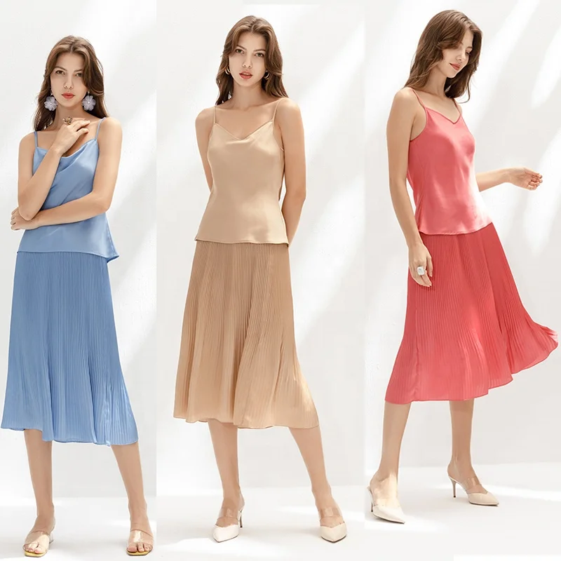 

C128 Summer Fall High Quality Fashion Elegant Satin Midi Long Sunray Pleat Evening Casual Women Skirts