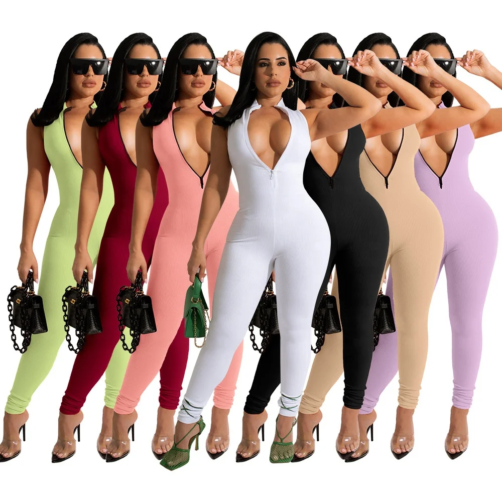 

LANOZY Women Solid Color Sleeveless Long Jogger Ribbed Playsuit 2022 Trendy Summer One Piece Stacked Zipper Jumpsuit, 7 colors