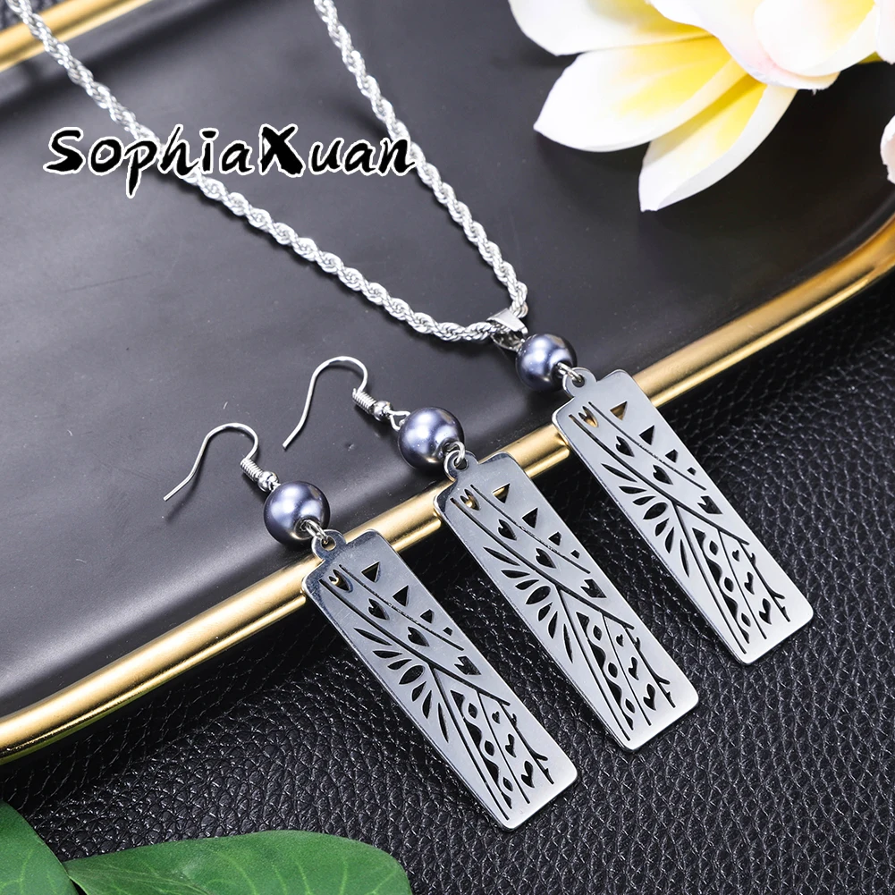 

SophiaXuan fashion samoan necklace earrings sets tribe stainless steel rectangle bar polynesian hawaiian jewelry set wholesale, Picture shows