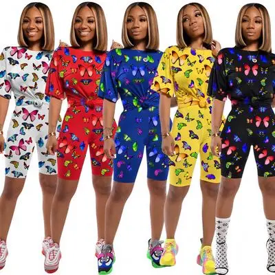 

LXE wholesale newest Women sports outfit butterfly printed biker shorts two piece set
