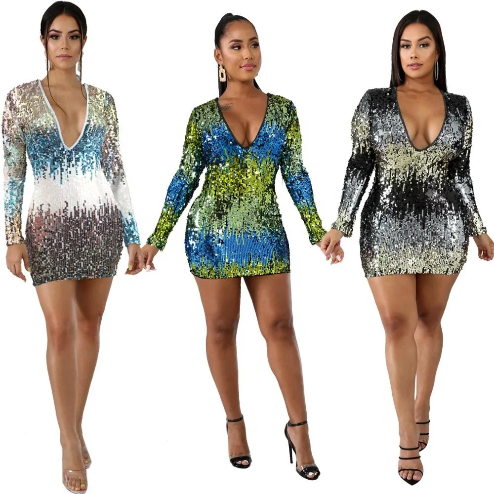 

B51371A Hot selling women sexy v neck colorful shiny sequined dress, Show