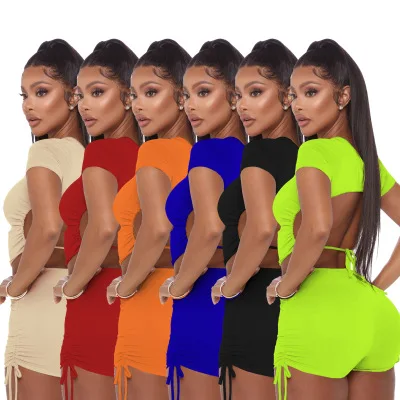 

S-XXL 6colors summer women crop top with strappy shorts two piece basic 2 piece short set