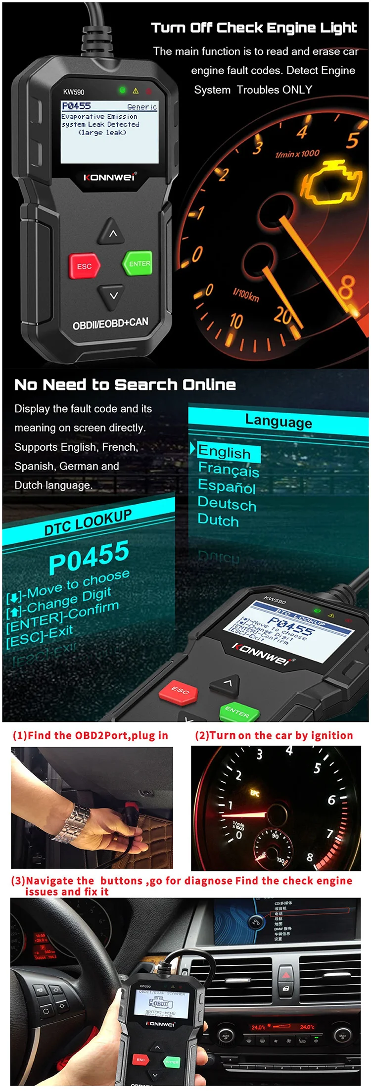 New Arrival Car tool  car diagnostic scanner KONNWEI KW590 foxwell auto diagnostic tool obd2 scanner