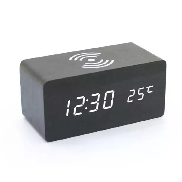 

wooden digital LED alarm clock with wireless phone charging table clock promotional gift logo custom new design desktop clock, Bamboo, dark brown, black