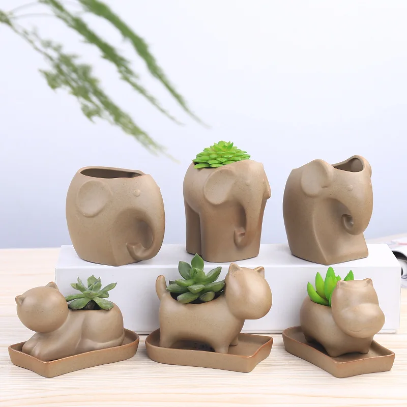 

Stoneware plant potted mini ceramic bisque with tray flower pots cute cartoon animal shape ceramic flowerpot, Customized color