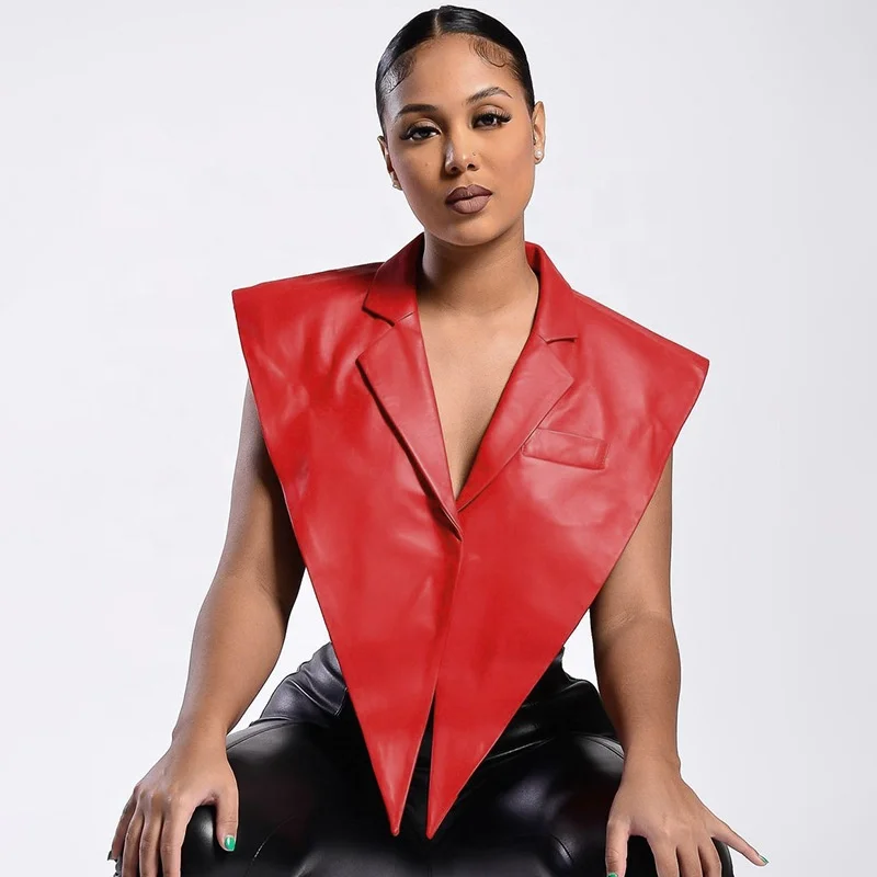 

Hot Sale Fashion Short Ladies Leather Jacket Women Leather Gilet Genuine Leather Shawl Vest