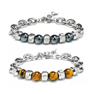 

Newest Stainless Steel Chunky Link Chain Lava Beads Bracelet Width Stress Relif Tiger Eyes Beads Bracelet For Punk Men